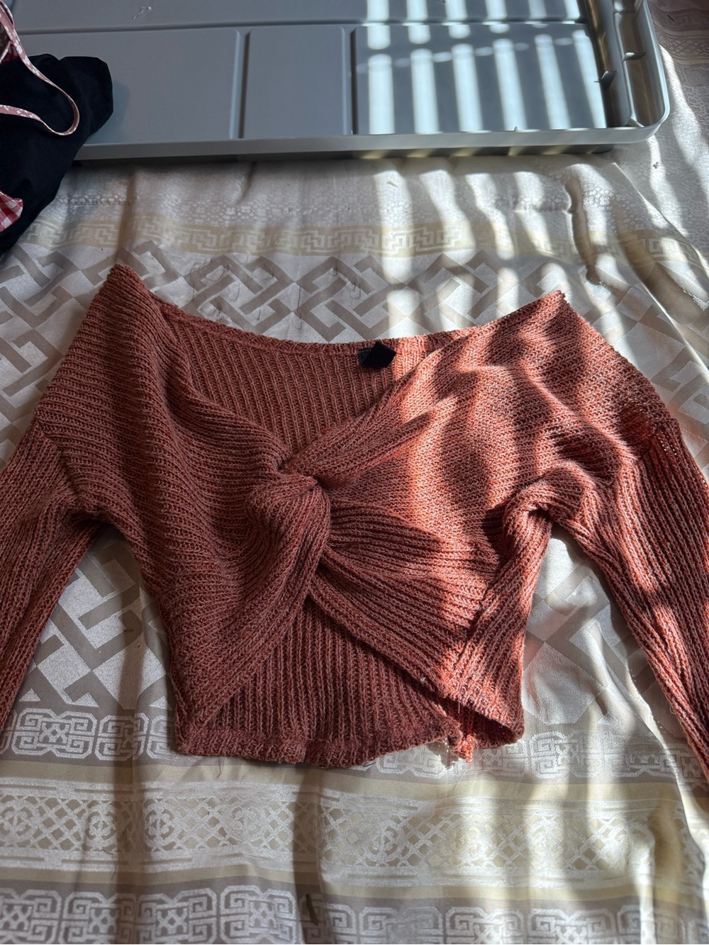 Windsor Off-Shoulder Twist-Front Knit Sweater in Rust